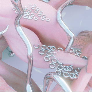 Abstract 3D shapes, round pink and white bodies with legs, with undulating silver piping and clusters of silver rings.