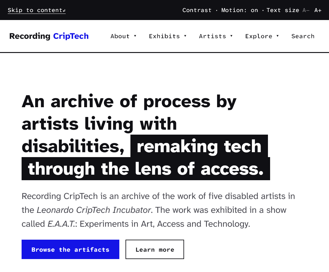 A screenshot of the Recording CripTech homepage, showing the access menu, navigation menu, and welcome text.