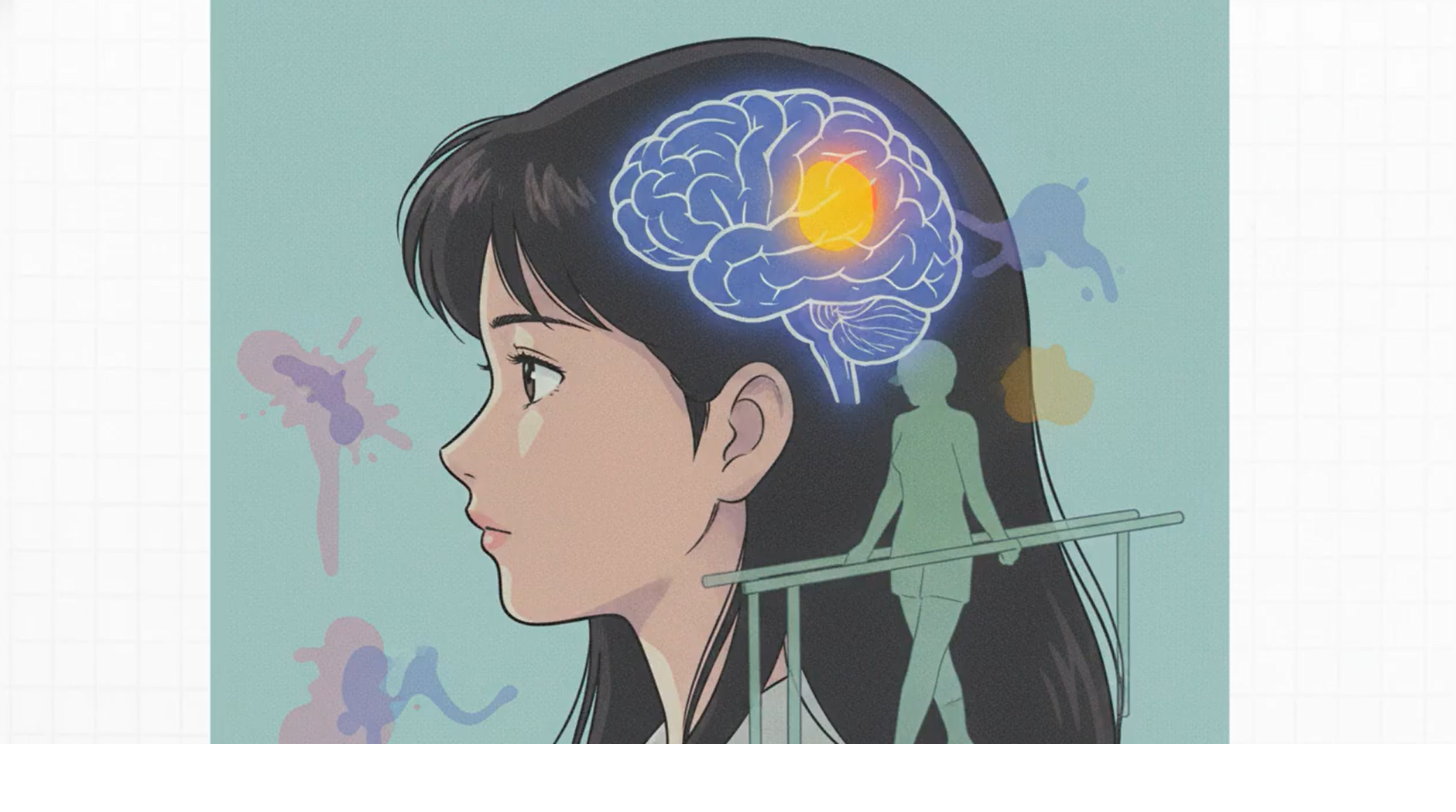 Side view of an anime-style girl from the neck up. An x-ray of her brain is visible.