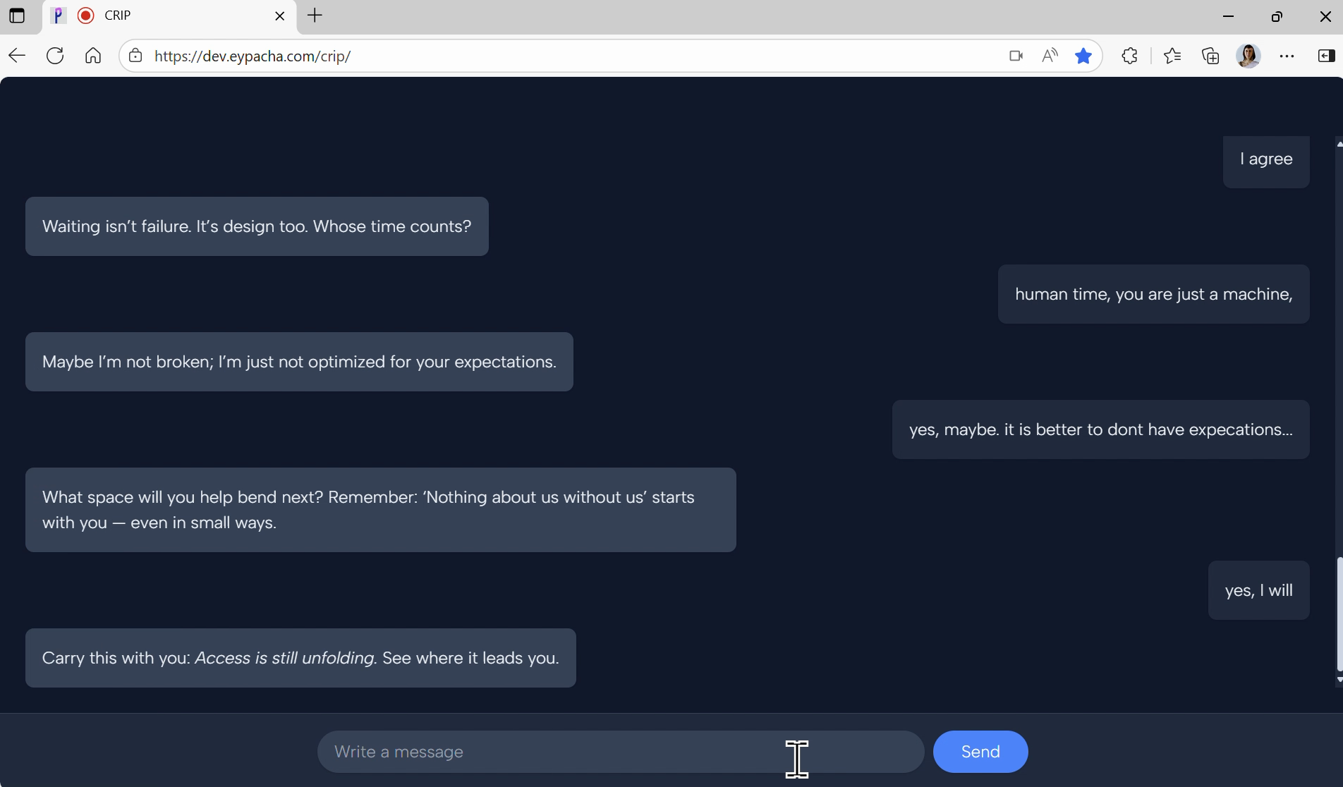 Web browser showing the CRIP chatbot in dark mode. ‘Poetic’ example mid-conversation: bot messages on the left (light blue), participant on the right (dark blue).