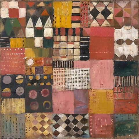 An abstract patchwork composition blending playful rhythm both quiet, and handcrafted. Squares and rectangles contain dots, grids, triangles, and circles, resembling a woven textile or quilt. The surface appears textured and aged,
