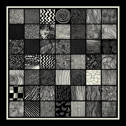 A grid of black-and-white abstract squares, each filled with unique line patterns and textures, including spirals, waves, grids, zigzags, and organic forms.
