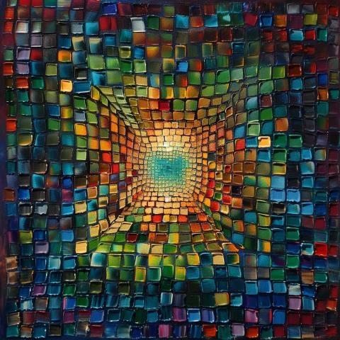 A vibrant abstract composed of small, shimmering squares in rich hues of blue, green, red, yellow, and orange, creating the illusion of a tunnel inward toward a glowing turquoise and gold center.