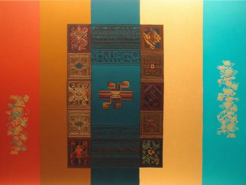 An abstract geometric composition with vertical bands of red, gold, teal, and turquoise. At the center, a rectangular panel features intricate, textile-like patterns and symbols in gold, brown, and blue. 
