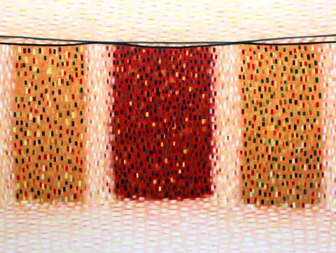 An abstract painting featuring three vertical bands of warm color—gold, red, and orange—composed of small rectangular brushstrokes. A thin dark line curves gently across the top, suggesting a horizon or draped fabric. 
