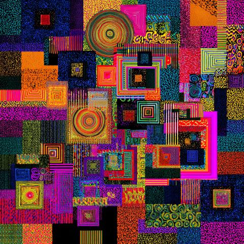 A vibrant abstract composition of overlapping squares and circles in neon hues of pink, orange, yellow, blue, and green. Intricate patterns, stripes, and dots fill each shape, creating rhythmic movement and optical intensity. 
