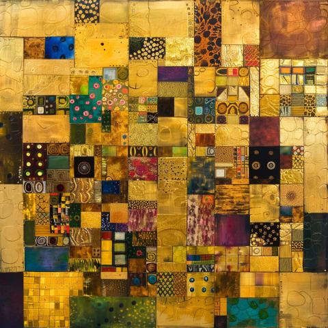 A luminous abstract mosaic composed of metallic textures, embossed patterns, and intricate motifs in gold, deep blues, greens, and purples. 
