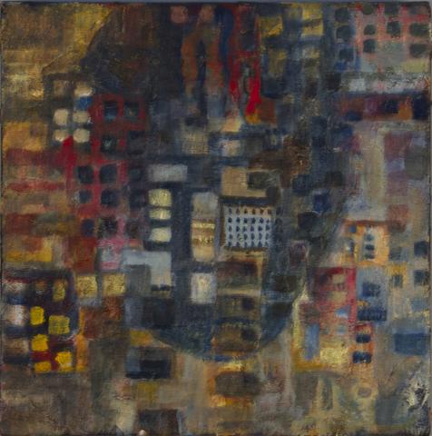 An abstract oil painting composed of layered rectangles and squares in deep, muted tones of blue, ochre, red, and gray. The overall effect is atmospheric and introspective, as if the forms are emerging from shadow and memory.