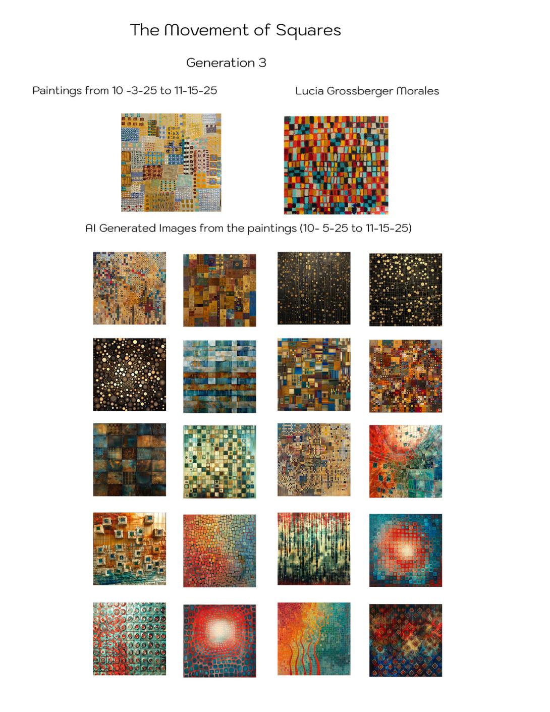 Text at the top: The Movement of Squares Generation 3. The heading paintings from 10-3-25 to 11-15-25 Lucia Grossberger Morales is followed by a two colorful paintings of squares, one like patchwork in natural colors and the other like small, jewel-toned tiles. The heading AI Generated Images from the paintings (10-5-25 to 11-15-25) is followed by a 4 by 5 grid of colorful images of squares in various mediums. They are less colorful and involve more gradients than previous generations.