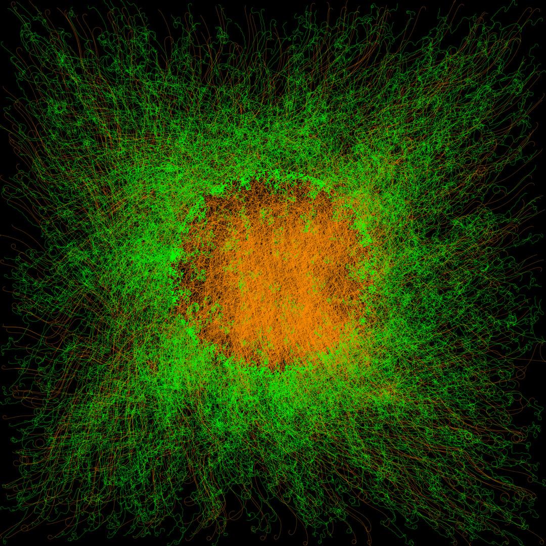 The image shows a dense, circular formation of orange and green lines against a black background. At the center is a bright, tightly packed orange core made up of countless fine lines crossing and overlapping. From this central area, green lines extend outward in all directions, gradually spreading and becoming more tangled and irregular toward the edges. The overall structure resembles a burst or diffusion pattern — concentrated and energetic in the middle, more chaotic and dispersed at the periphery. The green lines create a soft, textured halo around the orange center, giving the image a strong sense of depth and outward motion.