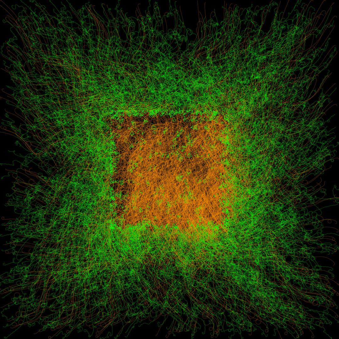The image shows a dense rectangular cluster of orange lines at the center, surrounded by a thick layer of tangled green lines that radiate outward in all directions. The orange region is compact and intensely textured, with many overlapping strokes forming a solid, glowing block. Around it, the green lines twist and loop outward, creating a fuzzy, irregular border that gradually becomes more diffuse toward the edges. The overall composition has a strong central focus, with the orange core suggesting concentrated energy or structure and the surrounding green filaments giving a sense of motion and dispersion.