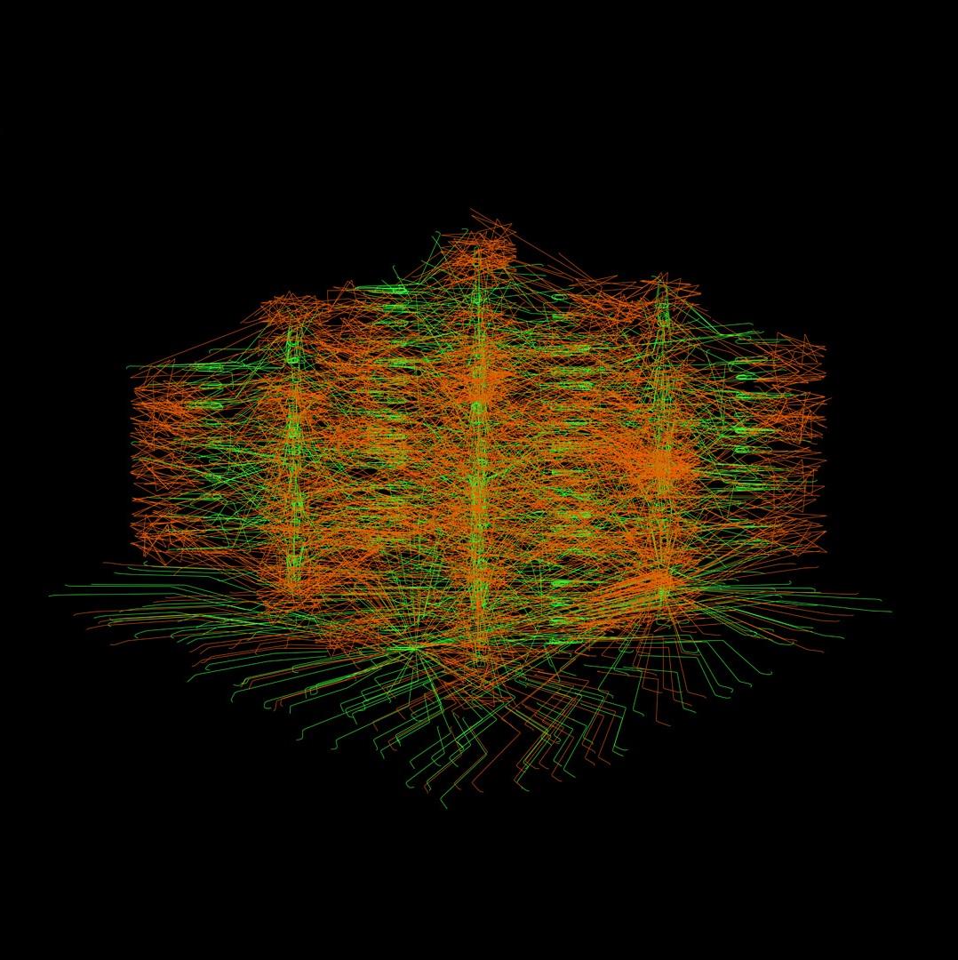 The image shows a cluster of intersecting lime green and amber-orange lines set against a pure black background. The structure they imply is architectural and grid-like, as though many separate movements have been forced into a shared, rigidly walled, three-dimensional structure. At the centre is a dense block of orange strokes, layered so heavily that they form a textured, almost woven core. Threading through and around this are sharper, straighter green lines (showing the different routes that green bots are forced to take compared to the most efficient routes of orange bots) that give the whole shape a mechanical, skeletal rhythm, like circuitry or scaffolding. The structure widens toward the middle, then narrows at the top and flares at the bottom, creating an abstracted silhouette reminiscent of a stacked tower, or a vibrating hive. At the lower edge, green and orange lines shoot outward in brisk, angular directions, like a breaking free from the containment of the structure. The overall sensation is of two visually distinct kinds of constrained movement and energy.