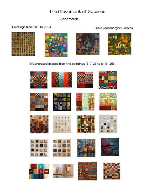 Text at the top: The Movement of Squares Generation 1. The heading paintings from 2011 to 2024 Lucia Grossberger Morales is followed by a row of four colorful paintings of squares. The heading AI Generated Images from the paintings (8-7-25 to 9-15-25) is followed by a 4 by 5 grid of colorful images of squares in various mediums.