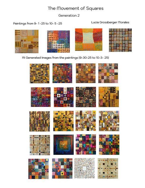 Text at the top: The Movement of Squares Generation 2. The heading paintings from 9-1-25 to 10-5-25 Lucia Grossberger Morales is followed by a row of four colorful paintings of squares, slightly more organic and loose than the previous generation The heading AI Generated Images from the paintings (9-30-25 to 10-3-25) is followed by a 4 by 5 grid of colorful images of squares in various mediums.