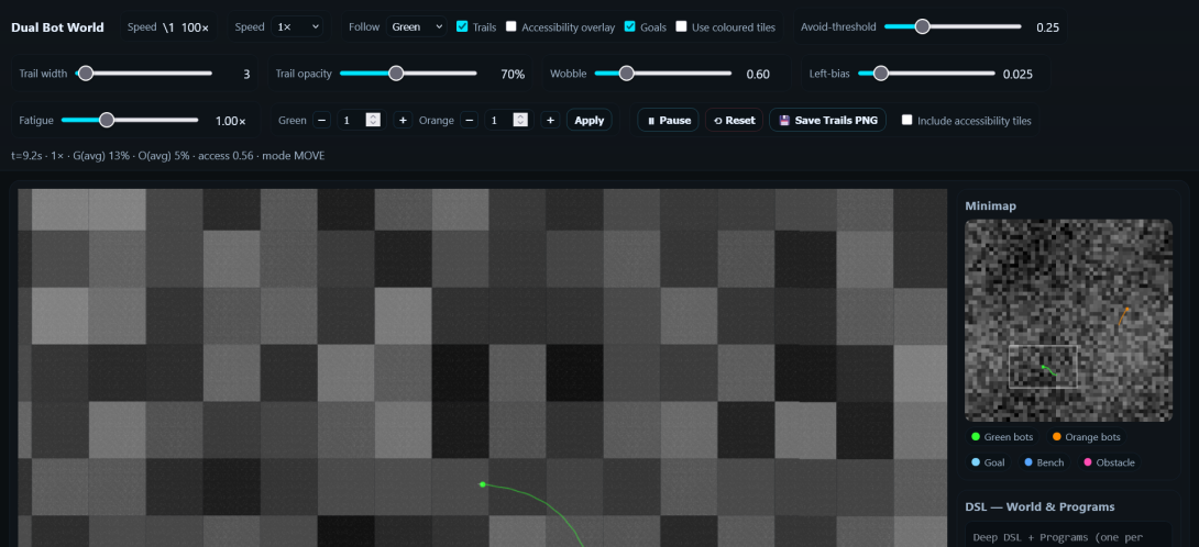 Dual Bot World page. The interactive simulation is not screen reader accessible. A description is available below.